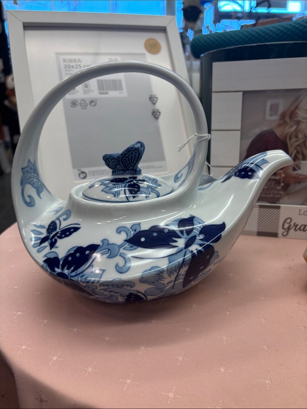Pier 1 White and Blue Porcelain Teapot with Floral Butterfly Design